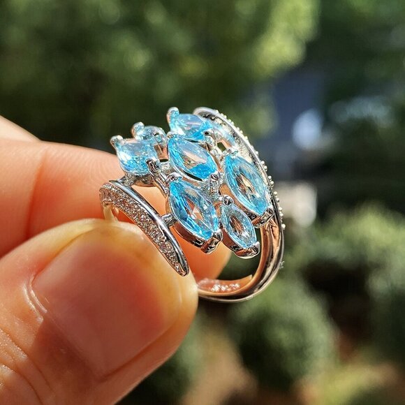 💍Silver Multiple Unique Marquis Gems Bright Light Blue💎 Ring, INDN8564 - Picture 4 of 10